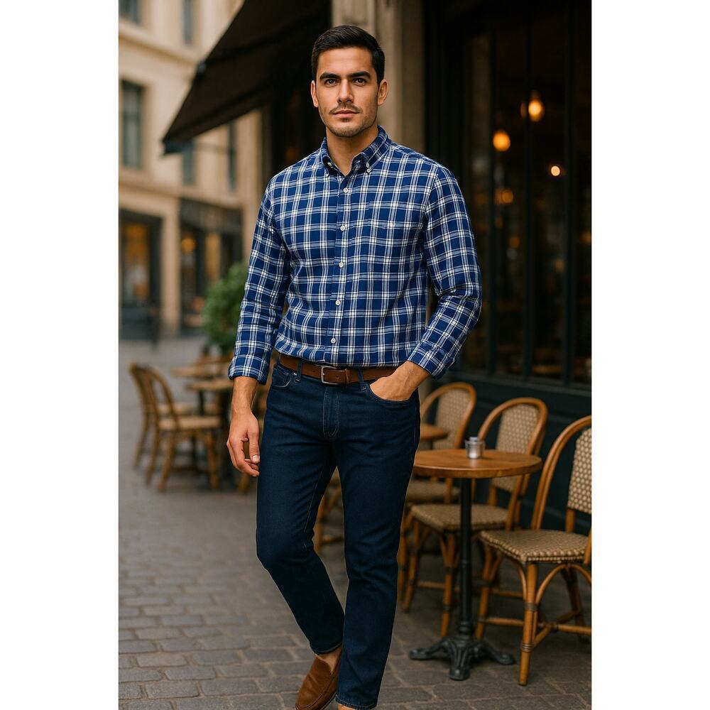 Tommy Hilfiger XXL Custom Fit Blue White Plaid Button Down Shirt Cotton Casual